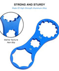 Front Fork Cap Wrench For SR Suntour XCM XCR XCT RST, blue aluminum, dual-sided tool for easy cap removal, non-slip texture.