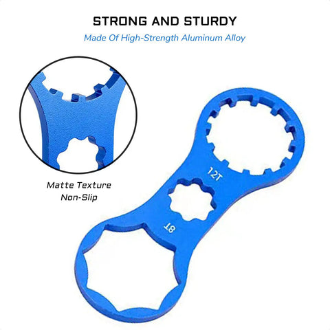 Front Fork Cap Wrench For SR Suntour XCM XCR XCT RST, blue aluminum, dual-sided tool for easy cap removal, non-slip texture.