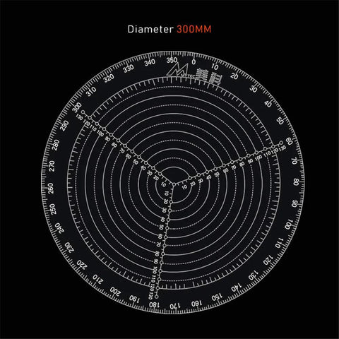 Front view of clear acrylic 300mm round center finder compass with concentric drawing circles.