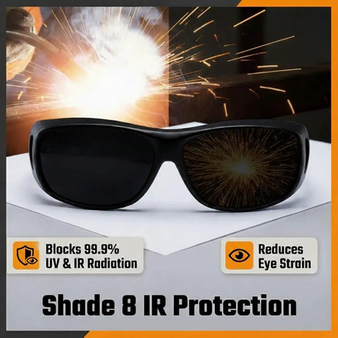 Rugged Wrap Around Shade 8 Welding Glasses For TIG Stick And Plasma Cutting With ANSI Z87 Certified Eye Protection showing UV and IR protection details.