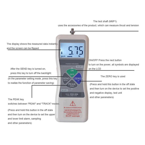 Digital Push And Pull Force Tester With Peak Hold And High Resolution Sensor Dynamometer For Compression And Tension 1000N Capacity Top Notch Accuracy For Material Testing, handheld LCD view