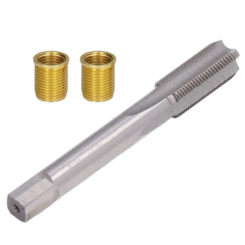 Thread Repair Kit With M12x1.25 Inserts And M14x1.25 Tap For 14mm Gasoline Engine Threads, Stainless Steel Inserts And High Speed Steel Tap, 10 Piece Set, tap and inserts