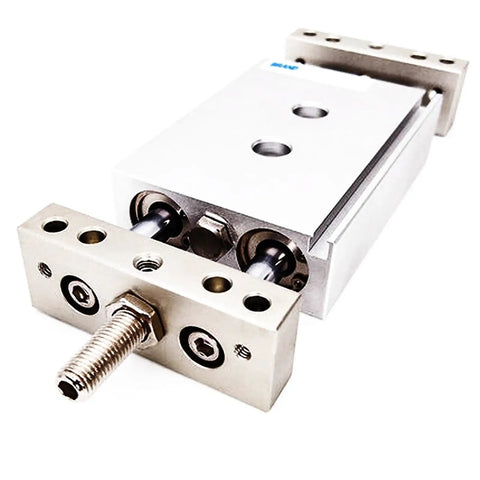 Straight Up Double Acting Pneumatic Cylinder With Dual Piston Rods And Slide Tab Mount For Precision Air Actuation In Bore Sizes From 10 To 25 Millimeters And Stroke Lengths Ranging Up To 125 Millimeters For Drop Dead Reliability On Any Job Site showing dual rod and mounting features.