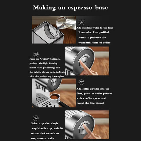 Top Shelf Semi Automatic Espresso Maker With 20 Bar Pressure And Sturdy Stainless Steel Base Built For Quick Home Brewing Featuring Pro Milk Frother Wand Made For Rich Lattes Roasts And Smooth Daily Sips espresso making steps with instructions and water tank.