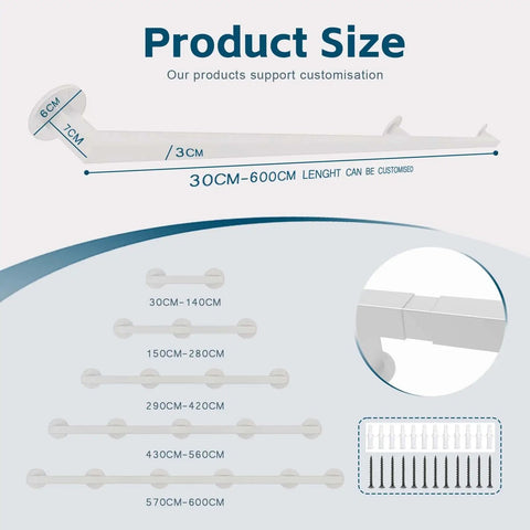 Wall Mounted Wrought Iron Stair Railing System With Adjustable White Galvanized Tube showing product sizes from 30CM to 600CM.