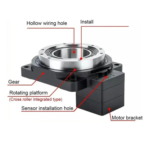 Top Shelf Heavy Duty Hollow Rotary Table With Smooth 360 Degree Spin And Rock Solid Cam Indexer Drive For Precision Machine Shop Builds And Custom Fabrication Rigs With Five To Two Hundred Reduction Ratio features labeled components including rotating platform and gear.