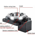 Industrial Grade Hollow Rotary Platform Featuring Rock Solid Construction And Smooth 360 Degree Spin Along With Adjustable Ratio Settings From 5 To 200 To 1 For No Sweat Cam Indexing Automation Workflows Daily, showing sensor installation hole and gear.