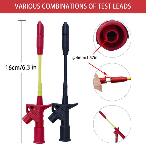 Close-up of two insulated multimeter probes, part of 24 Piece Multimeter Test Leads Set With Alligator Clips And Insulation Piercing Probes For 1000V 10A CAT III Meters Like Fluke KAIWEETS INNOVA Voltmeter And Clamp Meter. Measurement details included.