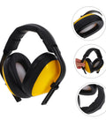 Lock Down Every Distraction Heavy Duty Noise Reduction Earmuffs, yellow and black adjustable headband, designed for industrial hearing protection.