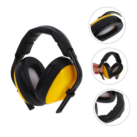Lock Down Every Distraction Heavy Duty Noise Reduction Earmuffs, yellow and black adjustable headband, designed for industrial hearing protection.