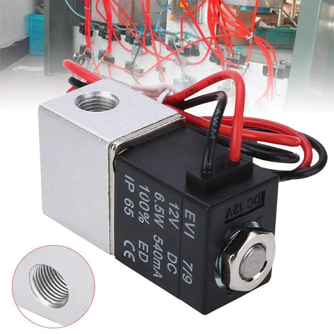 12 Volt DC One Eighth Inch Two-Way Pneumatic Solenoid Valve With Aluminum Body Normally Closed Fast Response For Air Water Gas Systems 2V025-08 Durable Aluminum Alloy Housing Easy Installation In Tight Lines close-up view and details.