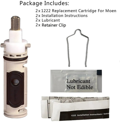No Fuss Easy Install Replacement Shower Cartridge For Posi Temp One Handle Faucets Tub And Shower Kit Compatible With Moen 1222 And 1222B Cartridges Includes 2 Pack Installation Guide And Lubricant packaging contents including cartridge, lubricant, and guide.