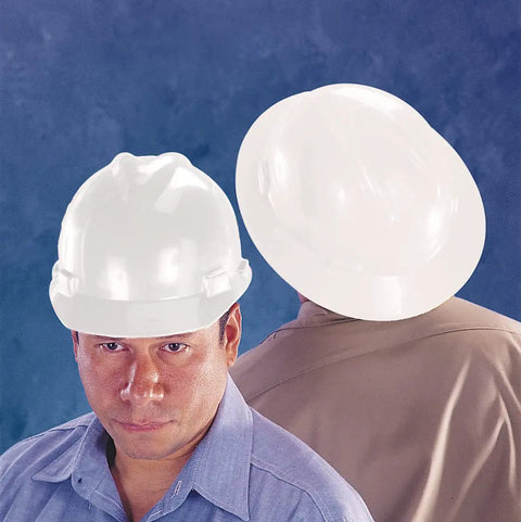 Two white hard hats, front and back view, worn by individuals. V-Gard Full-Brim Hard Hat With Fas-Trac III Ratchet Suspension visible.