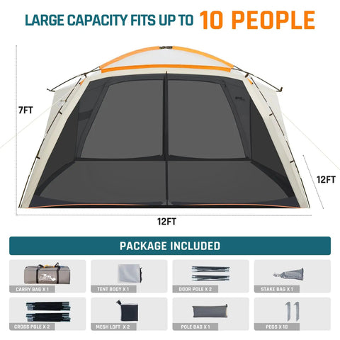 Screen House Tent 12x12 Feet Screen Room With Mesh Gazebos And Two Zipper Doors Ideal Camping Shelter showcasing setup items.