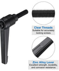 Close-up of a black 15 Pcs Lever Adjustable Handles M6 X 20mm Male Thread Level Clamping Handles with zinc alloy lever and clear threads.