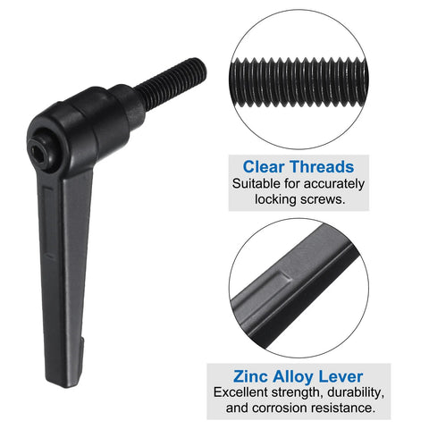 Close-up of a black 15 Pcs Lever Adjustable Handles M6 X 20mm Male Thread Level Clamping Handles with zinc alloy lever and clear threads.