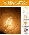 Dimmable LED Edison Bulb G25 Globe Clear Glass 40W Equivalent 2700K Soft White E26 Base ETL Listed Christmas Lighting glowing