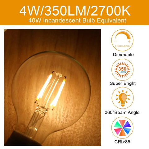 Dimmable LED Edison Bulb G25 Globe Clear Glass 40W Equivalent 2700K Soft White E26 Base ETL Listed Christmas Lighting glowing