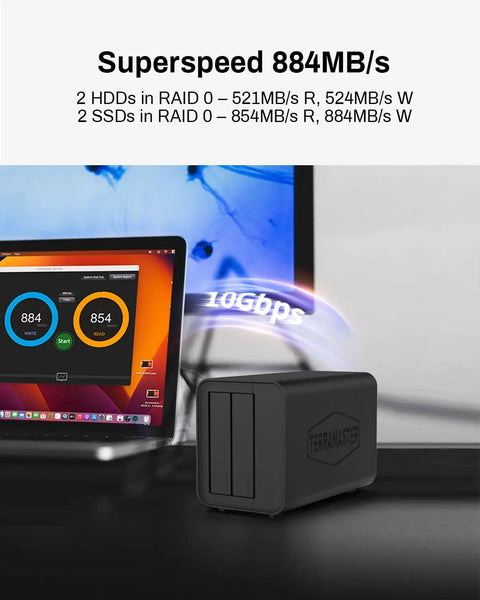 Next Level 2 Bay DAS Storage Enclosure With Hella Fast 10 Gigabit USB 3.2 Gen2 Port for RAID Zero Array Supporting Two SATA Drives Diskless Desktop Drive Cage for Smooth Daily Backups and Heavy File Transfers connected to a laptop displaying speed metrics.