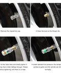 Installation steps for 8 Pack Tire Pressure Monitor Valve Stem Caps With 3 Color Eye Alert And Easy Read Sensor Indicator 2.4 Bar 36 PSI Fits Most Cars Trucks SUVs No Hassle Installation Stainless Steel Silver