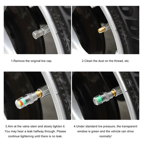 Installation steps for 8 Pack Tire Pressure Monitor Valve Stem Caps With 3 Color Eye Alert And Easy Read Sensor Indicator 2.4 Bar 36 PSI Fits Most Cars Trucks SUVs No Hassle Installation Stainless Steel Silver