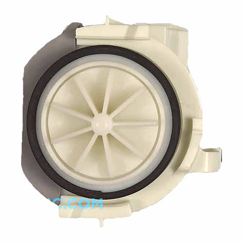Front view of Dishwasher Drain Pump Replacement 00631200 OEM Quality White with circular design and durable build.