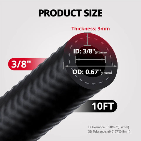 Three Eighth Inch Fuel Hose Line Push Lock NBR Rubber SAE 30R7 with 3/8 inch ID and 10FT length, 300 PSI