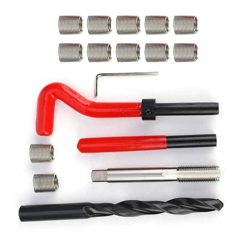 Top Notch 17 Piece Stainless Steel Thread Repair Kit For M12X1.25 Threads Includes Heavy Duty Inserts To Fix Stripped Holes Fast And Bring Your Gear Back To Life Like New Without Breaking A Sweat On The Job. M12 stainless steel thread repair kit with inserts, tap, drill, and tools
