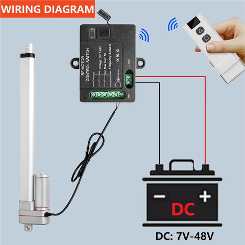 Forward/reverse remote switch system for 12V actuator; black control box with green terminals and RF remote