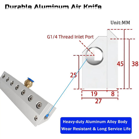 Heavy Duty Aluminum Air Knife Blower With Quarter Inch Port, detailed dimensions and design for factory floor cleanup.