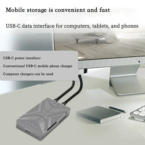Dual M.2 NVMe SSD Enclosure With Hella Fast 20 Gbps USB 3.2 Gen 2X2 Interface on desk with devices and cables.