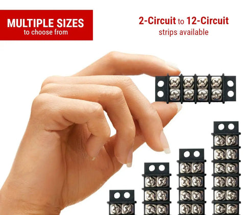 Hand holding Double Row 12 Circuit Screw Terminal Block Junction Strip with Barrier 300V 20A Heavy Duty Tin Plated Brass Terminals
