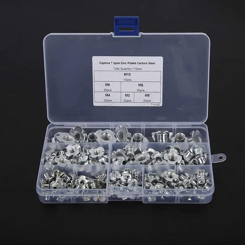 Four Claw T Nuts Kit in Stainless Steel Galvanized for Woodworking and Metal Fabrication M3 Through M10 Sizes 110 Piece Industrial Set