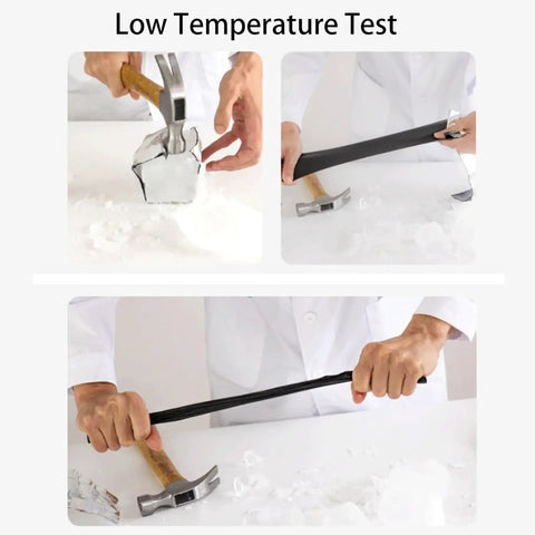 Low temperature test showing hands breaking ice with a hammer and testing durability of the Beefy Self Adhesive Waterproof Roofing Membrane.
