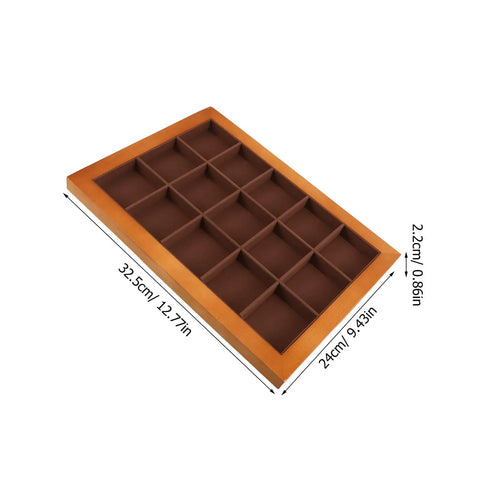 Top Shelf Solid Walnut Wood Jewelry Tray Organizer With Fifteen Grids For Rings Necklaces And Bracelets Compact Vanity Storage Display Plate For Counters, angled view with dimensions.