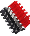 Heavy Duty Badass Six Way Midi Fuse Block And One In Six Out Power Distribution Module Two Hundred Amps, red casing, plug and play layout.