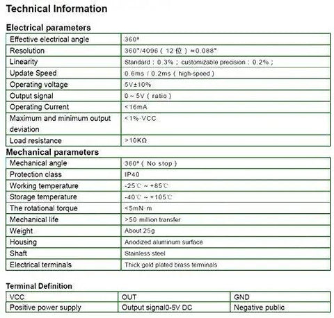 Technical specifications of Compact Contactless Hall Effect 360 Degree Angle Sensor Encoder with 3mm Shaft, 15mm OD, 5V DC Supply.