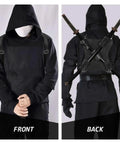 Person wearing Ninja Sword Back Holster And Back Sheath Dope Adjustable Leather Double Sword Holder, front and back view
