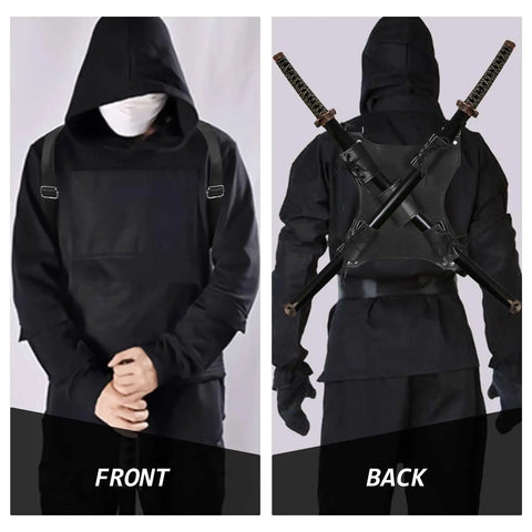 Person wearing Ninja Sword Back Holster And Back Sheath Dope Adjustable Leather Double Sword Holder, front and back view