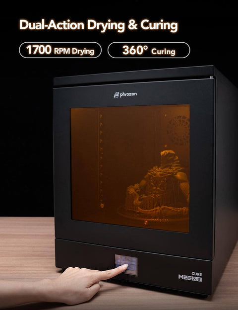 Game Changer 360 Degree UV Curing Station with clear enclosure and turntable for 3D prints, 405nm post lamp, front view with control panel