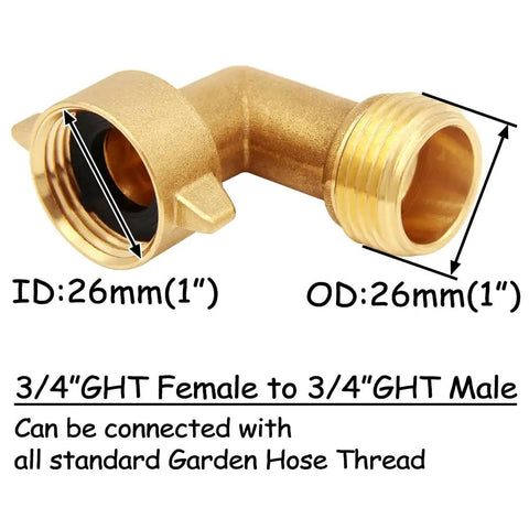 Brass 3/4 Inch GHT 90 Degree Elbow Garden Hose Connector Kit With Male And Female Adapters, Rust-Resistant, Leak-Proof, No Fuss, Includes 5.5 Inch Coil Spring Connector, Rubber Washer, Stainless Steel Spiral Ring For Quick, Easy Watering, 3/4 GHT female to male elbow