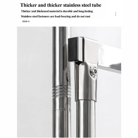Close-up of the stainless steel structure of the Movable Mop And Broom Holder In Stainless Steel With Drainage Basin, Heavy Duty Cleaning Supplies Organizer.
