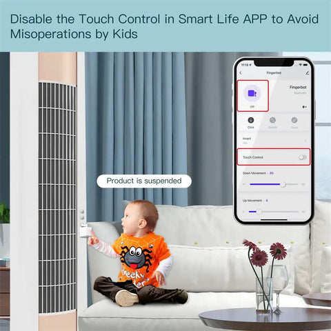 Child near 2nd Gen Smart Bluetooth Fingerbot Plus Wireless Light Switch Button Pusher with Smart Life Tuya App interface on phone.