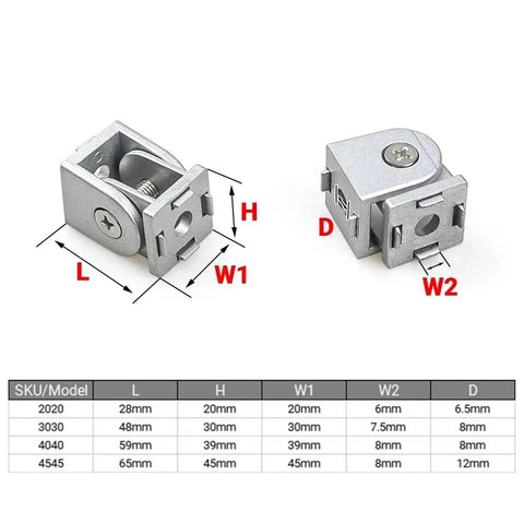 Dimensions and specifications of 4 Pack Flexible Hinge Pivot Joints for 2020 3030 4040 Aluminum Fittings Right Angle Connector