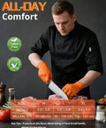 Orange XL heavy-duty nitrile gloves with raised diamond texture grip, worn by person slicing meat.