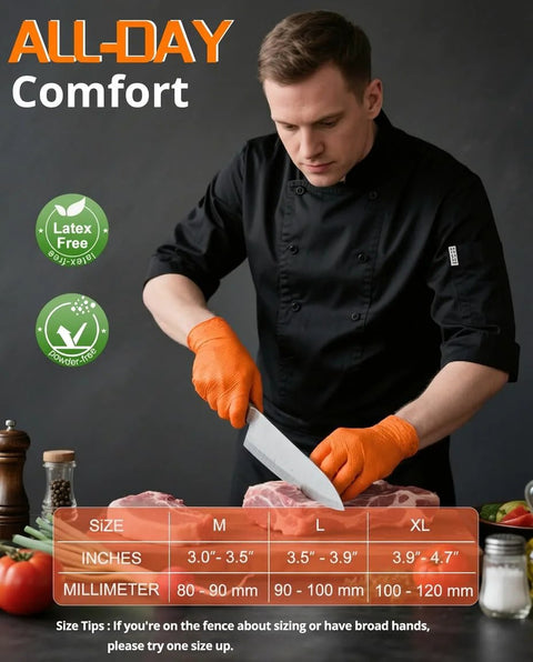 Orange XL heavy-duty nitrile gloves with raised diamond texture grip, worn by person slicing meat.