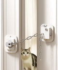 Adjustable Cat Door Stopper That Holds Entryways Wide While Keeping Pups Out Zero Drill Setup with chain blocking door.