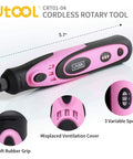 Image of a Pink 4V Cordless Rotary Tool Kit with 42 Accessories for DIY Crafts, showing a 5.7-inch tool with soft rubber grip and speed settings.