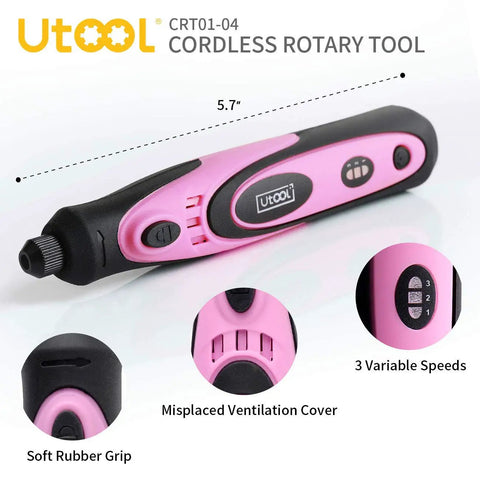 Image of a Pink 4V Cordless Rotary Tool Kit with 42 Accessories for DIY Crafts, showing a 5.7-inch tool with soft rubber grip and speed settings.