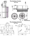 Technical drawing of Low Speed 12V DC Geared Motor with 37mm Gearbox and Mounting Bracket, 10 RPM output, 11.7 kgf cm torque.